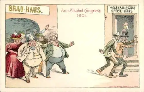 Litho Anti Alkohol Kongress 1901, Brauhaus, vegetarisches Speishaus