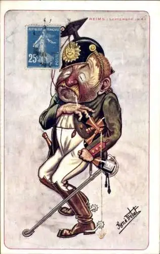 Künstler Ak Frebet, Rene, Reims Marne 1914, Karikatur von einem deutschen Soldat