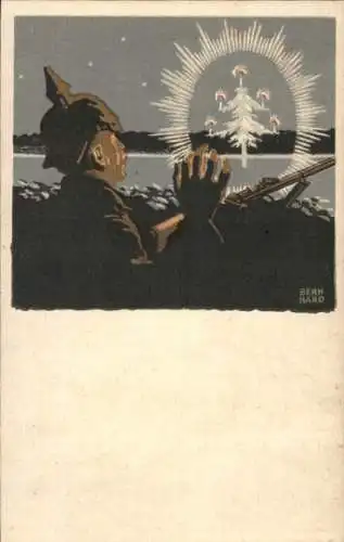 Künstler Ak Bernhard, Glückwunsch Weihnachten, Soldat, Tannenbaum