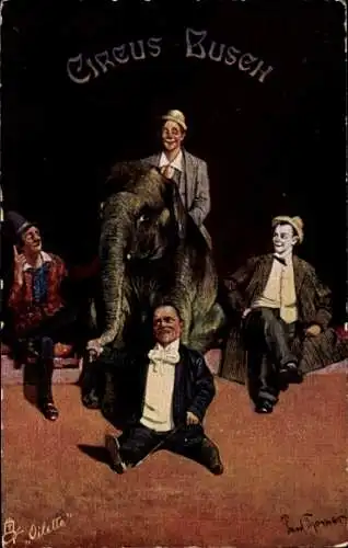 Künstler Ak Zirkus Busch, Elefant, Clowns