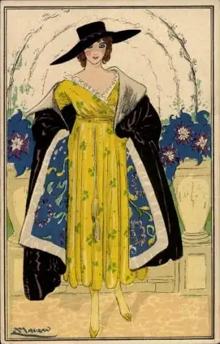 Künstler Ak Mauzan, Frau im gelben Kleid, Mantel, Hut