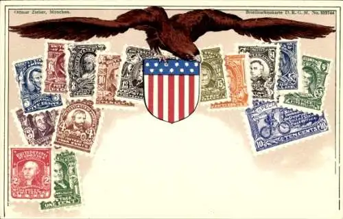 Briefmarken Wappen Litho USA, Eagle, Stars and Stripes, 2 Cents
