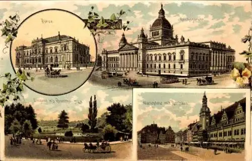 Litho Leipzig in Sachsen, Marktplatz, Rathaus, Börse, Reichsgericht, Rosenthal