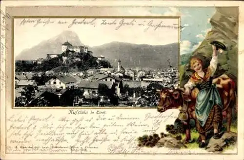 Präge Ak Kufstein in Tirol, Gesamtansicht, Frau in Tiroler Tracht, Kuh