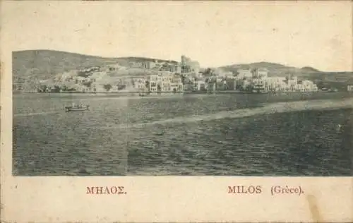 Ak Milos Griechenland, Totale vom Wasser aus gesehen