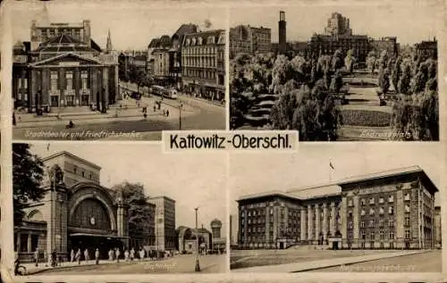 Ak Katowice Kattowitz Oberschlesien, Bahnhof, Regierungsgebäude, Stadttheater, Andreasplatz