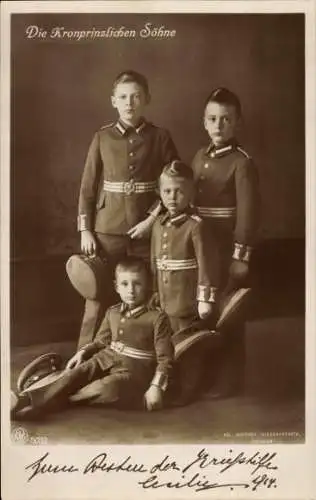 Ak Die Söhne des Kronprinzenpaares, Prinz Wilhelm von Preußen, Louis Ferdinand, Hubertus, Friedrich