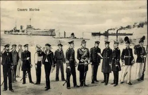 Ak Kaiserliche Marine, Matrosen, Großadmiral, Konteradmiral, Oberleutnant, Offizier, Seesoldat
