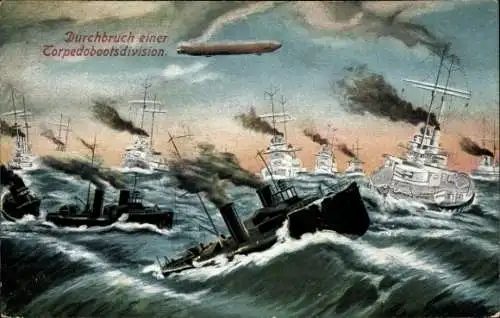 Ak Durchbruch einer Torpedobootsdivision, deutsche Kriegsschiffe, Zeppelin, Kaiserliche Marine