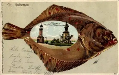 Fisch Litho Holtenau Kiel in Schleswig Holstein, Leuchtturm, Denkmal Kaiser Wilhelm der Große