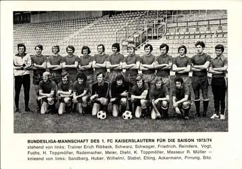 Autogrammkarte Fußball, Bundesliga-Mannschaft des 1. FC Kaiserslautern, Saison 1973/1974