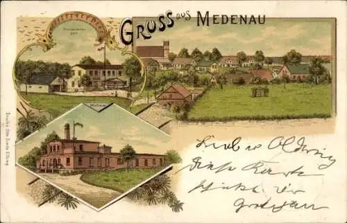 Litho Logwino Medenau Ostpreußen, Totalansicht, Molkerei, Gasthaus Preußischer Hof