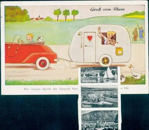 Leporello Ak Koblenz am Rhein, Gesamtansicht, Drachenfels, Fahrzeug, Wohnwagen