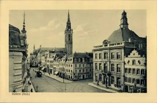 Ak Düren im Rheinland, Teilansicht, Kirchturm, Straßenbahn