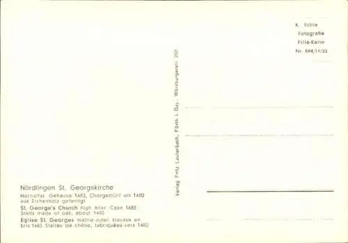 Ak Nördlingen in Schwaben, St. Georgskirche, Hochaltar, Gehäuse 1683, Chorgestühl um 1480