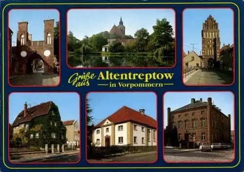 Ak Altentreptow in Mecklenburg Vorpommern, Teilansichten, Türme, Torbogen
