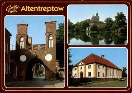 Ak Altentreptow in Mecklenburg Vorpommern, Teilansichten, Türme, Torbogen