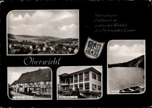Ak Oberwiehl Wiehl im Oberbergischen Kreis, Totalansicht, Wappen, Zum schnellen Max, Stauweiher