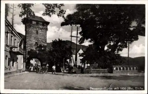 Ak Dausenau an der Lahn, Straßenpartie, 1100 jährige Eiche