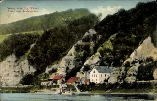 Ak Bodenwerder an der Weser, Steinmühle, Teufelsmühle, Schiff