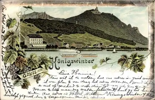 Litho Königswinter am Rhein, Salondampfer, Berg mit Burg, Wein