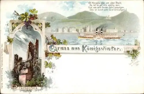 Litho Königswinter am Rhein, Drachenfels, Salondampfer