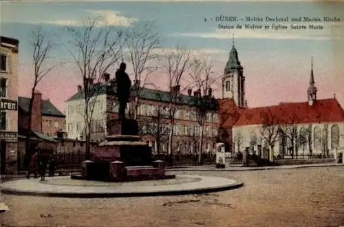 Ak Düren im Rheinland, Moltke Denkmal, Marien Kirche