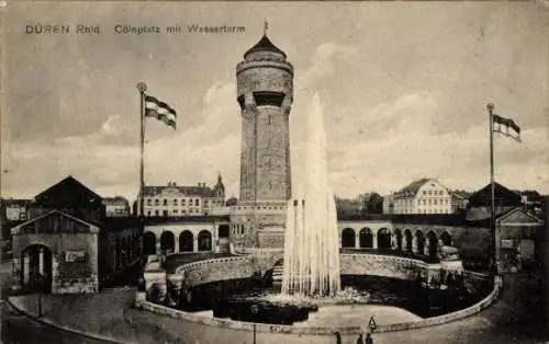 Ak Düren im Rheinland, Cölnplatz, Wasserturm, Springbrunnen, Fahnen