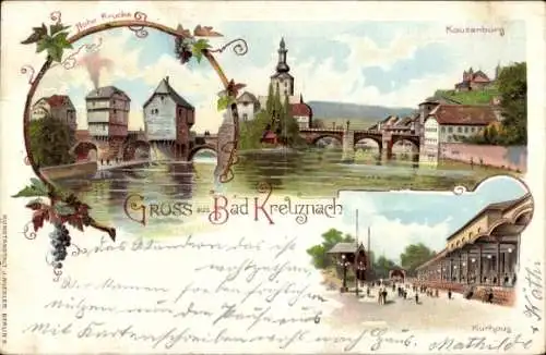 Litho Bad Kreuznach, Kauzenburg, Nahebrücke, Kurhaus