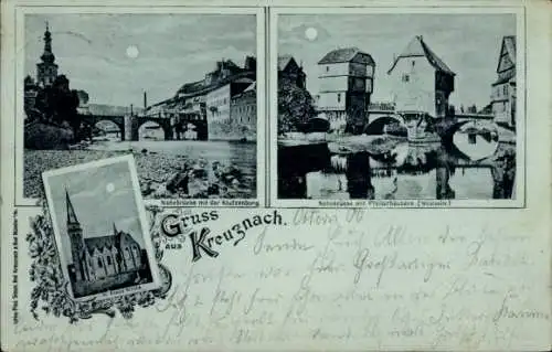 Ak Bad Kreuznach in Rheinland Pfalz, Nahebrücke, Pfeilerhäuser, Kautzenburg, hl. Kreuz Kirche