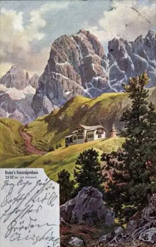 Künstler Ak Seis am Schlern Siusi Kastelruth Castelrotto Südtirol, Dialers Seiseralpenhaus