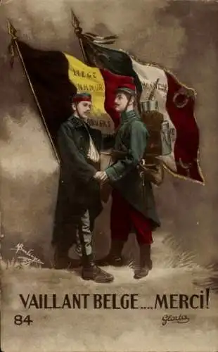 Ak Vaillant Belge, Merci, belgischer und französischer Soldat, I WK