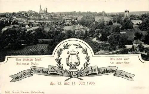 Ak Waldenburg in Sachsen, Gesamtansicht, West-Sächsischer Sängerbund Canon, Sängerfest 1908