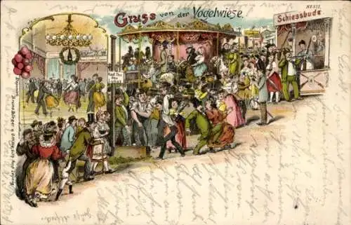 Litho Dresden Altstadt Johannstadt, Festplatz Vogelwiese, Schießbude, Jahrmarkt, Karussell