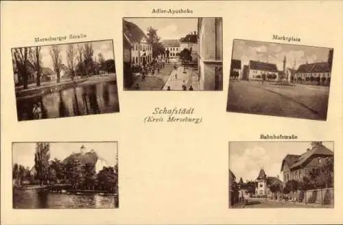 Ak Schafstädt Bad Lauchstädt Sachsen Anhalt, Merseburger Straße, Adler Apotheke, Bahnhofstraße