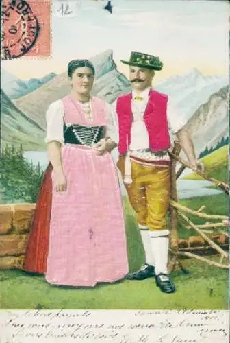 Präge Stoff Frau und Mann in französischer Tracht, Portrait