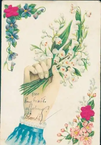 Präge Stoff Litho Weibliche Hand, Maiglöckchen, Blumen, Kitsch