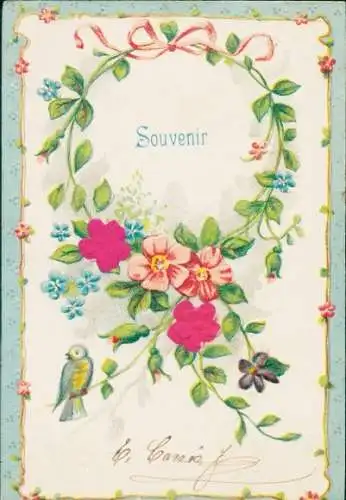 Präge Stoff Litho Souvenir, Blumenkranz, Vergissmeinnicht, Vogel