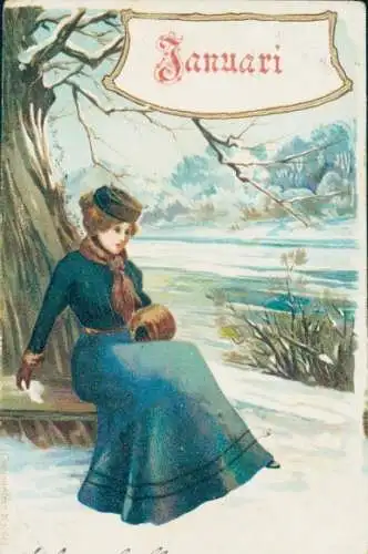 Litho Junge Frau am Fluss, Muff, Schnee, Januari