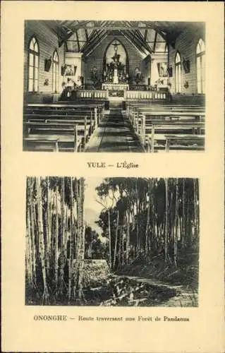 Ak Ononghe Papua-Neuguinea, Die Kirche, Straße durch einen Pandanus-Wald