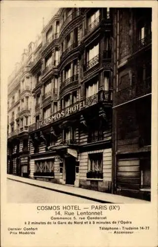 Ak Paris IX, Cosmos Hotel, Rue Lentonnet