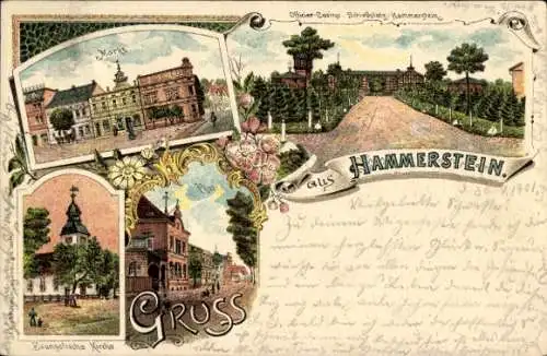 Litho Czarne Hammerstein Westpreußen, Markt, Post, Kirche, Schießplatz, Offizierkasino