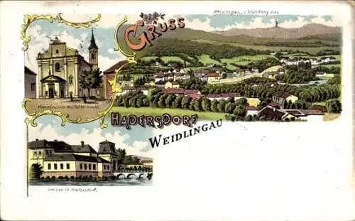 Litho Wien 14 Penzing Hadersdorf Weidlingau, Gesamtansicht, Kirche, Schloss