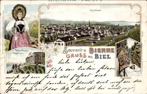 Litho Biel Bienne Kt. Bern, Gesamtansicht, Hotel-Pension Magglingen, Taubenloch, Frau in Tracht