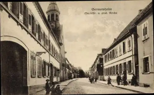 Ak Germersheim in Rheinland Pfalz, Marktstraße und protestantische Kirche, Straßenszene