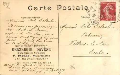 Ak Paris IX, Rue d’Amsterdam, Brasserie Davene