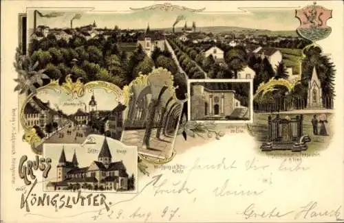 Litho Königslutter am Elm, Marktplatz, Stiftskirche, Gesamtansicht