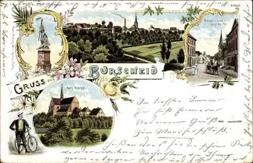 Litho Burscheid, Krieger Denkmal, Kirche, Hauptstraße, Radfahrer, Panorama