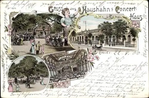 Litho Hansestadt Lübeck, Haushahns Konzerthaus, Garten, Saal