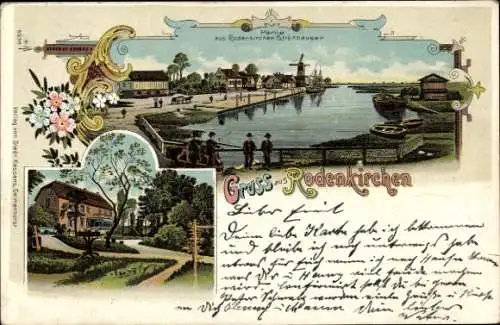 Litho Rodenkirchen in Oldenburg Stadland, Gesamtansicht, Windmühle, Garten, Villa